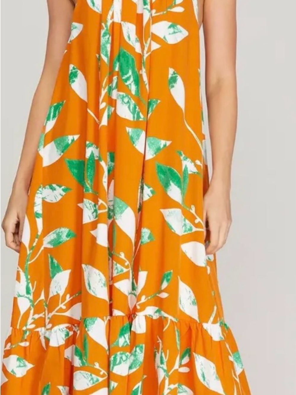 She +Sky The Happy Peach Island Orange Leaf Print Halter Maxi Dress Size Small